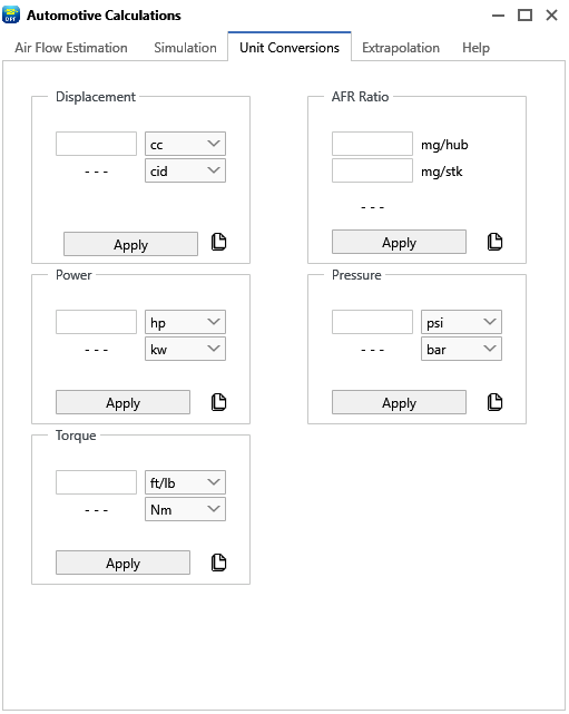 Unit Conversions tab